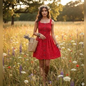 Romantic Boho Wildflower Red Floral Smocked Cottagecore Mini Dress XS Sundress